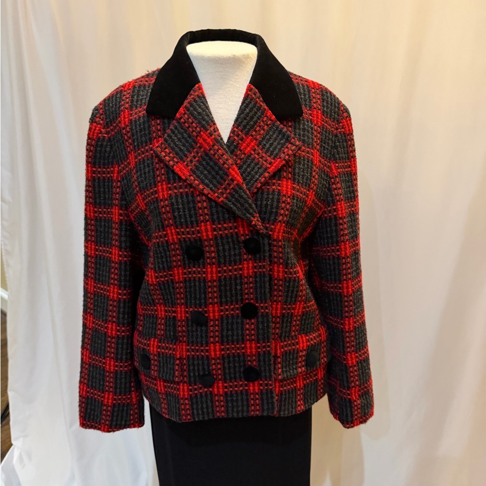 WEILL PARIS Chic Double-Breasted Red and Black Plaid Women's Jacket 42 (size 10)